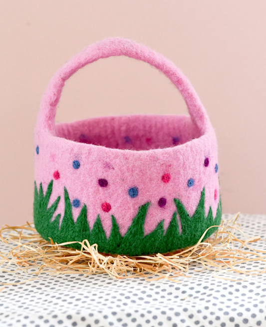Felt Pink Basket with Colourful Dots