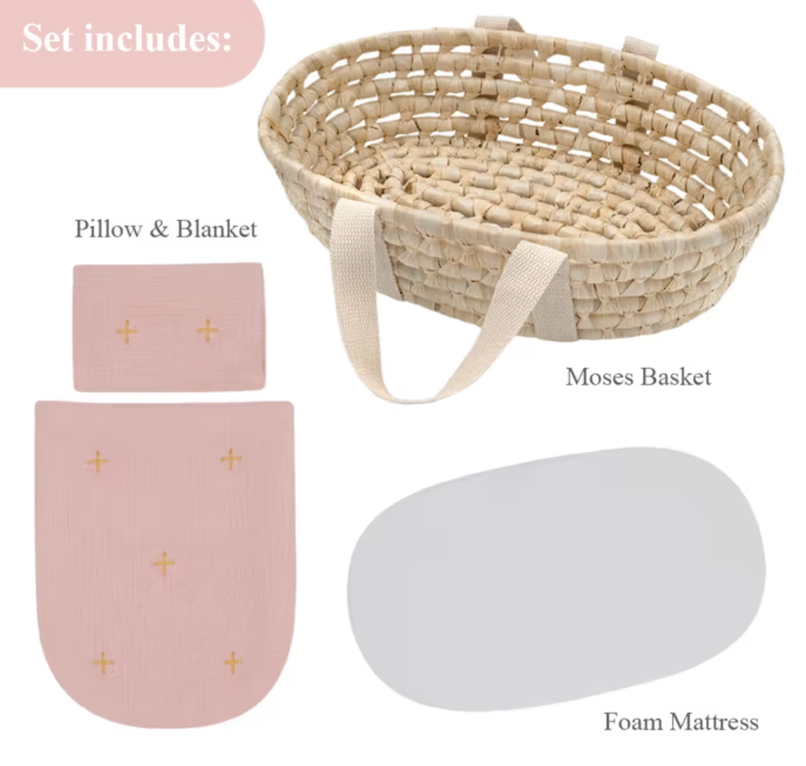 Rattan Doll Moses Basket Set - Blush