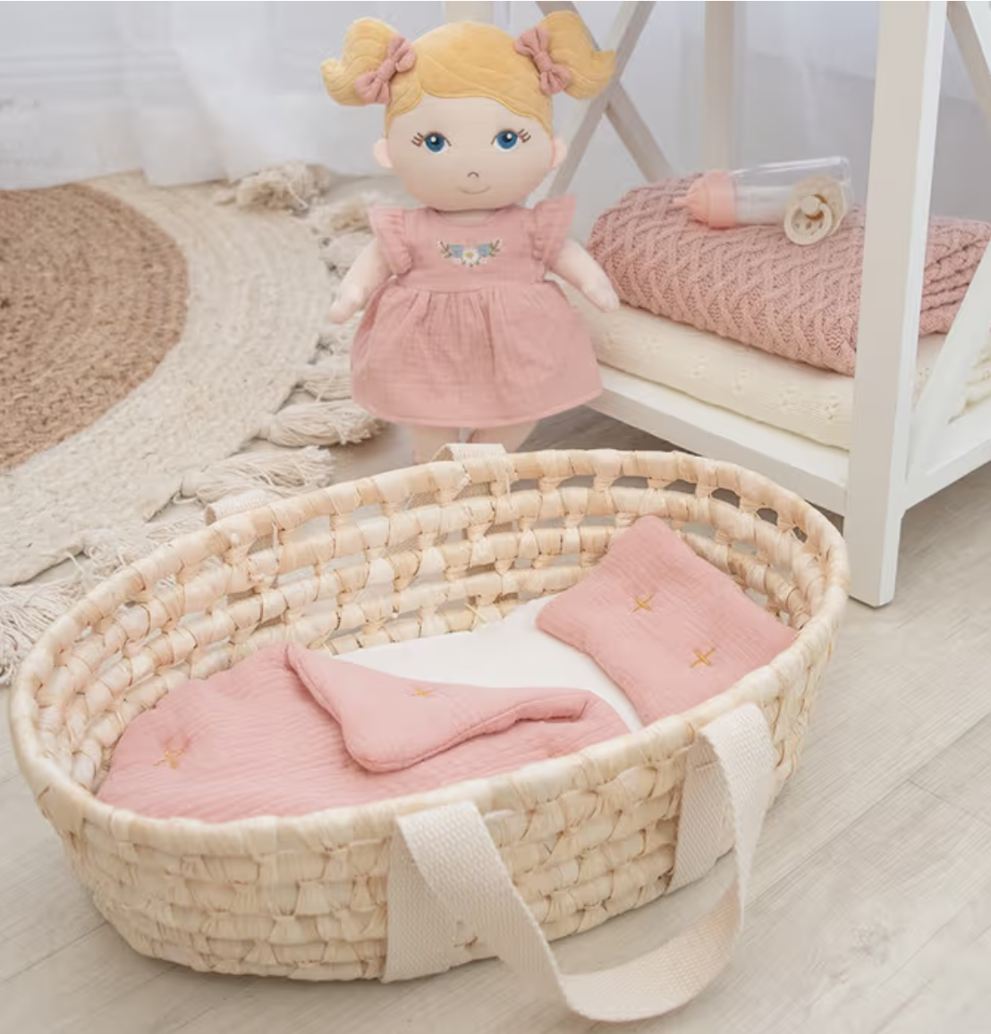 Rattan Doll Moses Basket Set - Blush